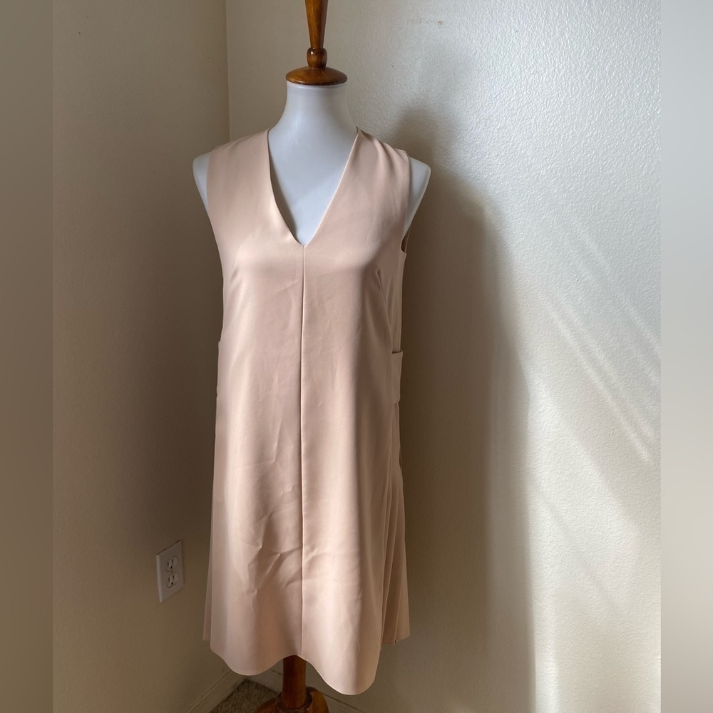 Sportmax Women’s V Neck Shift Dress Beige Size 2 Business Casual Pleat Detail